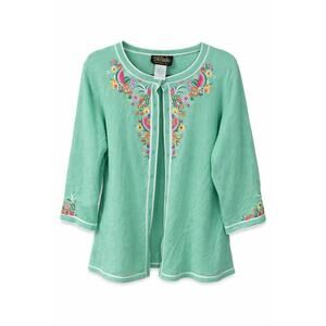Bob Mackie Wearable Art Cardigan XL Mint Fruit Floral Embroidered‎ Coastal Boho